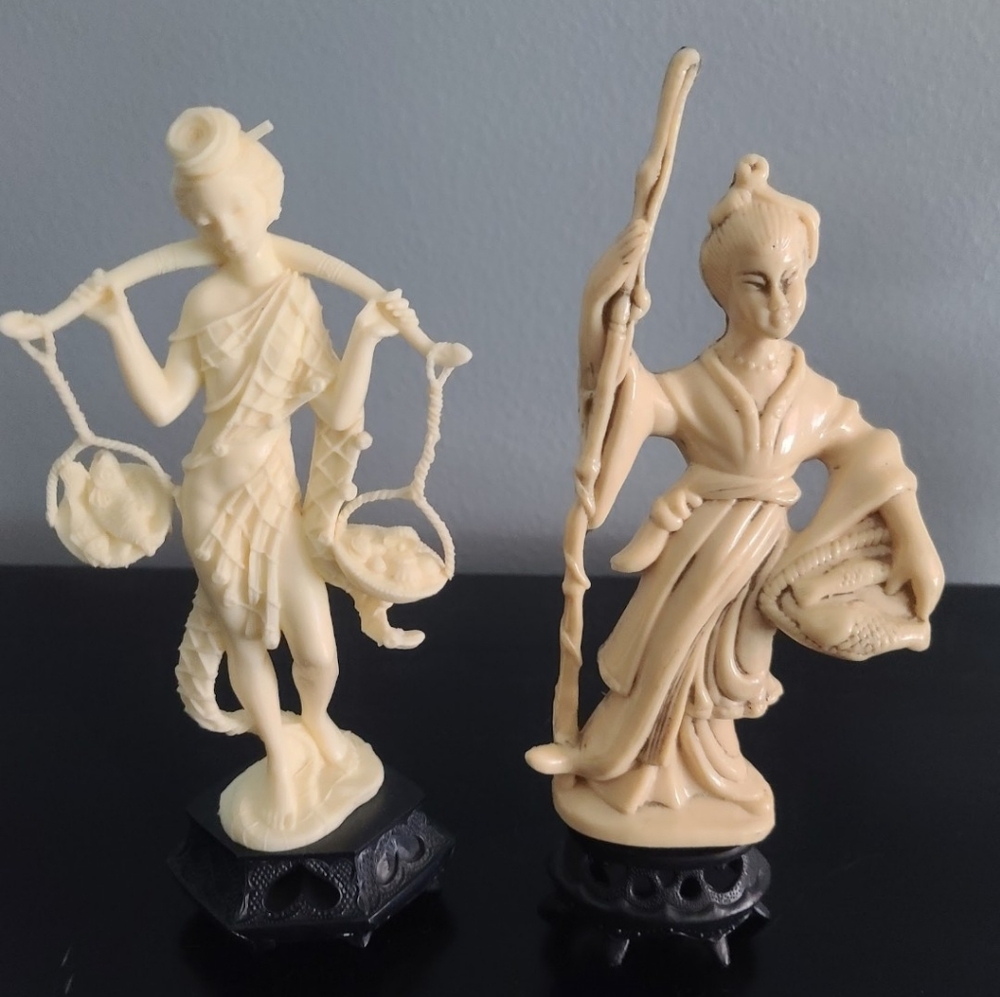 Vintage resin asian & Woman carring fish